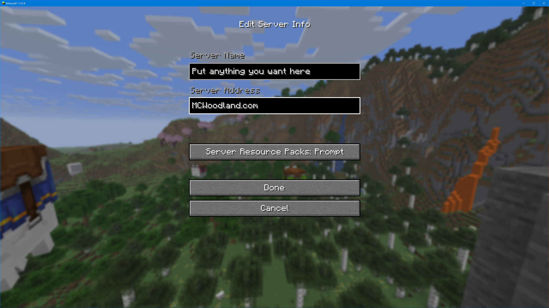 Screenshot of Add Server dialog showing Server Address: mcwoodland.com